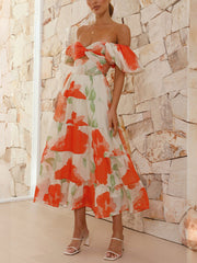 Inrosy robe longue imprimé à fleurie à volantée col bateau découpes manches bouffantes manches courtes femme décontracté de cocktail