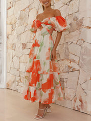 Inrosy robe longue imprimé à fleurie à volantée col bateau découpes manches bouffantes manches courtes femme décontracté de cocktail