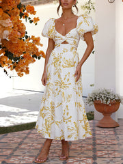 Inrosy robe longue imprimé à fleurie à volantée col bateau découpes manches bouffantes manches courtes femme décontracté de cocktail