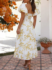 Inrosy robe longue imprimé à fleurie à volantée col bateau découpes manches bouffantes manches courtes femme décontracté de cocktail