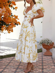 Inrosy robe longue imprimé à fleurie à volantée col bateau découpes manches bouffantes manches courtes femme décontracté de cocktail