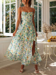 Inrosy robe longue imprimé à fleurie fendu le côté bustier dos nu sans manches femme bohème décontracté doux de soirée plage