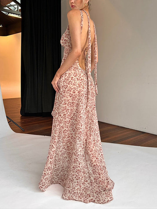 Inrosy robe longue irrégulière imprimé à fleurie fendu le côté dos nusans manches femme bohème décontracté de plage