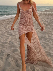 Inrosy robe longue irrégulière imprimé à fleurie fendu le côté dos nusans manches femme bohème décontracté de plage