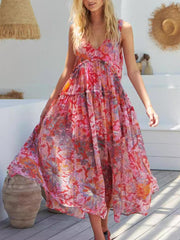 Inrosy robe longue mousseline imprimé à fleurie v-cou à volantée dos nu sans manches femme décontracté lâche de plage