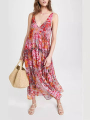 Inrosy robe longue mousseline imprimé à fleurie v-cou à volantée dos nu sans manches femme décontracté lâche de plage