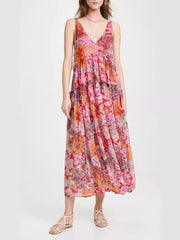 Inrosy robe longue mousseline imprimé à fleurie v-cou à volantée dos nu sans manches femme décontracté lâche de plage