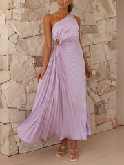 Inrosy robe longue trapèze plissé découpes une épaule sans manches femme casual élégant décontracté bal de promo invité mariage