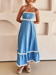 Inrosy robe longue à volantée bustier à fines brides col carré sans manches femme élégant décontracté bal de promo de plage