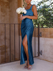 Inrosy robe demoiselle d'honneur moulante satin fendu bretelle col carré dos nu sans manches femme élégant de soirée pour mariage