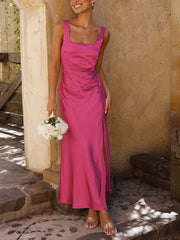 Inrosy robe demoiselle d'honneur moulante satin fendu bretelle col carré dos nu sans manches femme élégant de soirée pour mariage