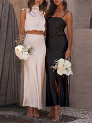 Inrosy robe demoiselle d'honneur satin moulante fendu à fines brides sans manches femme élégant de soirée pour mariage champetre