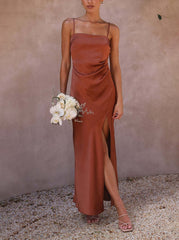 Inrosy robe demoiselle d'honneur satin moulante fendu à fines brides sans manches femme élégant de soirée pour mariage champetre