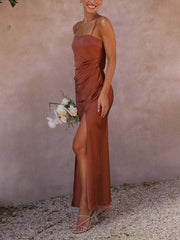 Inrosy robe demoiselle d'honneur satin moulante fendu à fines brides sans manches femme élégant de soirée pour mariage champetre