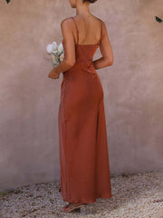 Inrosy robe demoiselle d'honneur satin moulante fendu à fines brides sans manches femme élégant de soirée pour mariage champetre