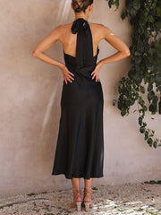 Inrosy robe demoiselle d'honneur satin fendu le côté licou noeud papillon dos nu sans manches femme élégant invité mariage