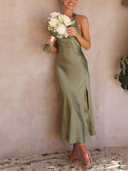 Inrosy robe demoiselle d'honneur satin fendu le côté licou noeud papillon dos nu sans manches femme élégant invité mariage