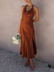 Inrosy robe demoiselle d'honneur satin fendu le côté licou noeud papillon dos nu sans manches femme élégant invité mariage