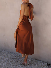 Inrosy robe demoiselle d'honneur satin fendu le côté licou noeud papillon dos nu sans manches femme élégant invité mariage