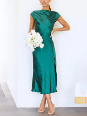 Inrosy robe demoiselle d'honneur satin découpes moulante nœud dos nu mancherons manches courtes femme invité mariage champetre