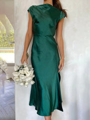 Inrosy robe demoiselle d'honneur satin découpes moulante nœud dos nu mancherons manches courtes femme invité mariage champetre