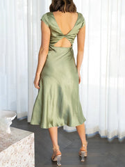 Inrosy robe demoiselle d'honneur satin découpes moulante nœud dos nu mancherons manches courtes femme invité mariage champetre