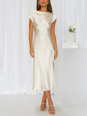 Inrosy robe demoiselle d'honneur satin découpes moulante nœud dos nu mancherons manches courtes femme invité mariage champetre