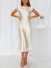 Inrosy robe demoiselle d'honneur satin découpes moulante nœud dos nu mancherons manches courtes femme invité mariage champetre