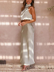 Inrosy robe tenue mariage invité femme col roulé licou sans manches élégant de soirée deux pièces robe satin demoiselle d'honneur