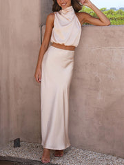 Inrosy robe tenue mariage invité femme col roulé licou sans manches élégant de soirée deux pièces robe satin demoiselle d'honneur