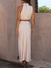 Inrosy robe tenue mariage invité femme col roulé licou sans manches élégant de soirée deux pièces robe satin demoiselle d'honneur