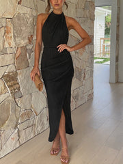 Inrosy robe longue moulante licou irrégulière fendu dos nu femme sans manches élégant mode de soirée cocktail