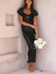 Inrosy robe demoiselle d'honneur satin moulante découpes dos nu volants superposés manches courtes femme élégant invité mariage