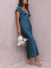 Inrosy robe demoiselle d'honneur satin moulante découpes dos nu volants superposés manches courtes femme élégant invité mariage