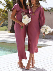 Inrosy robe demoiselle d'honneur satin moulante découpes dos nu volants superposés manches courtes femme élégant invité mariage