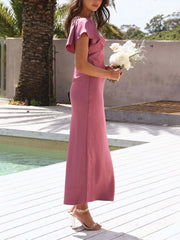 Inrosy robe demoiselle d'honneur satin moulante découpes dos nu volants superposés manches courtes femme élégant invité mariage