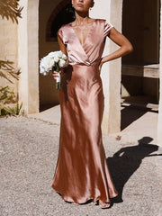 Inrosy robe demoiselle d'honneur en satin moulante sirene v-cou mancherons femme élégant mode de soirée pour mariage