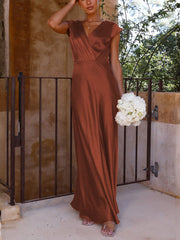 Inrosy robe demoiselle d'honneur en satin moulante sirene v-cou mancherons femme élégant mode de soirée pour mariage