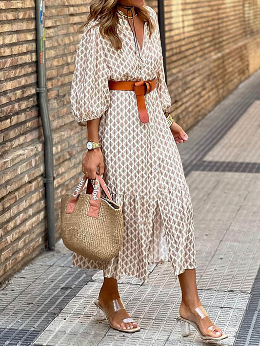 Inrosy longue robe bohème imprimé à fleurie v-cou boutonnage ceinture femme décontracté ample de plage