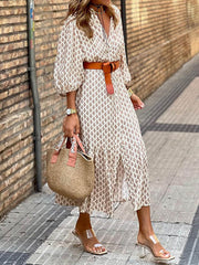 Inrosy longue robe bohème imprimé à fleurie v-cou boutonnage ceinture femme décontracté ample de plage