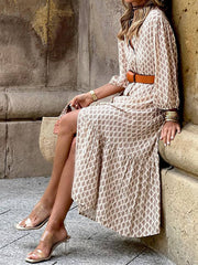 Inrosy longue robe bohème imprimé à fleurie v-cou boutonnage ceinture femme décontracté ample de plage