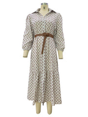 Inrosy longue robe bohème imprimé à fleurie v-cou boutonnage ceinture femme décontracté ample de plage