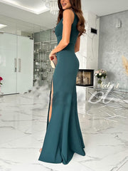 Inrosy robe demoiselle d'honneur moulante fendu le côté v-cou sans manches femme élégant invité mariage