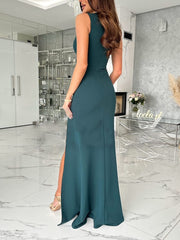 Inrosy robe demoiselle d'honneur moulante fendu le côté v-cou sans manches femme élégant invité mariage