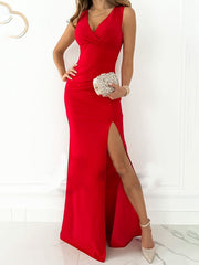 Inrosy robe demoiselle d'honneur moulante fendu le côté v-cou sans manches femme élégant invité mariage