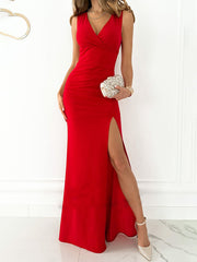 Inrosy robe demoiselle d'honneur moulante fendu le côté v-cou sans manches femme élégant invité mariage