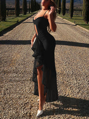 Inrosy robe longue découpes court devant longue derriere moulante irrégulière dentelle tulle à fines brides femme élégant de cocktail plage