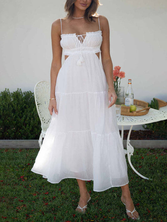 Inrosy longue robe bohème découpes mousseline à volantée bustier dos nu à fines brides sans manches femme décontracté de plage