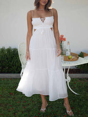 Inrosy longue robe bohème découpes mousseline à volantée bustier dos nu à fines brides sans manches femme décontracté de plage