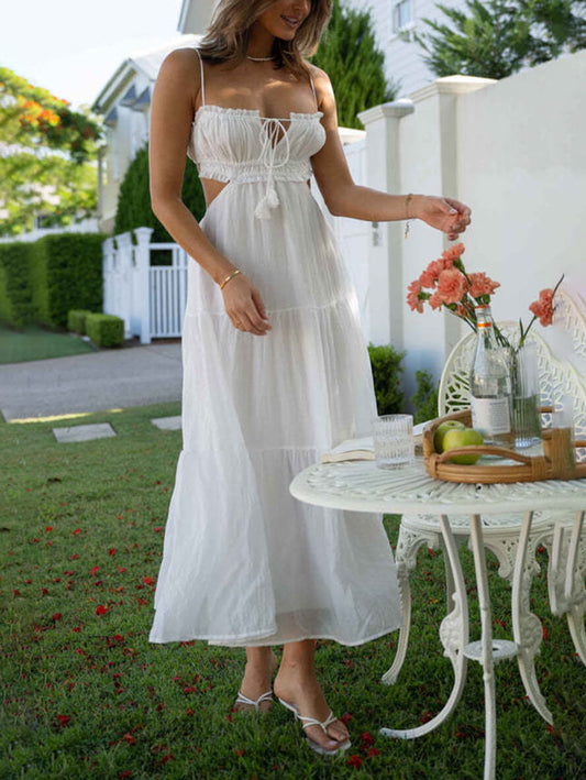 Inrosy longue robe bohème découpes mousseline à volantée bustier dos nu à fines brides sans manches femme décontracté de plage